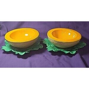 Cantaloupe Bowl With Leaf Under Plate Vintage Ceramic Hand Painted Set Of Two
